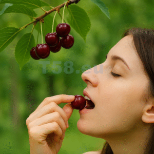 Fiatal nő cseresznyét eszik közvetlenül a fáról, zöld lombok között.