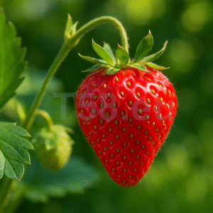 Érett eper bokron, zöld levelek között