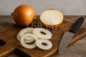 Frissen szeletelt vöröshagyma egy rusztikus fa vágódeszkán