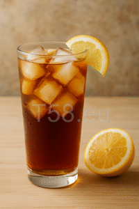 Egy pohár jeges tea citromkarikával és jégkockákkal, világos fa asztalon, háttérben meleg tónusú fal – frissítő ital nyári hőségben