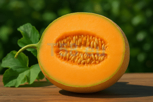 Felvágott sárgadinnye narancssárga belsővel, fás alapon