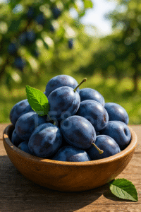 Friss szilvák egy fatálon, napsütötte környezetben