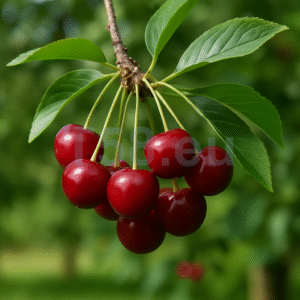 Érett meggyszemek egy faágon, napsütéses kertben