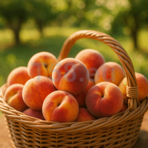 Friss őszibarackok kosárban a nyári fényben