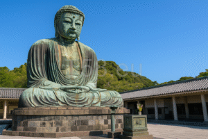 A kamakurai Nagy Buddha szobra, kék ég alatt, nyugodt környezetben