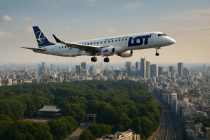 Embraer E195 repülőgép Tokió felett, utazás Japánba