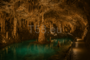 Aggteleki cseppkőbarlang belső tere, álló és függő cseppkövekkel, kivilágított sétánnyal