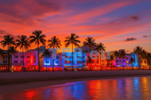 South Beach, Miami – homokos tengerpart pálmafákkal, napozó emberekkel és az ikonikus art deco épületekkel a háttérben.