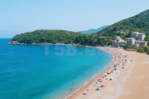 Kristálytiszta tengerpart Montenegróban fenyőfákkal a háttérben