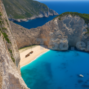 Zakynthos híres strandja fehér sziklafalakkal és hajóronccsal