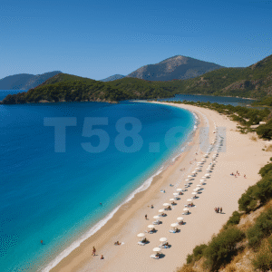 Török tengerpart türkizkék vízzel és hegyekkel a háttérben