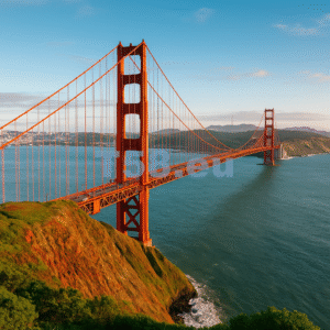 A Golden Gate híd San Franciscóban, napsütésben ragyogva ível át a Csendes-óceán öble felett, háttérben a Marin-hegységgel.