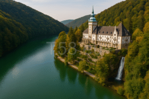 Hámori-tó és a Palotaszálló a Lillafüredi vízeséssel, madártávlatból