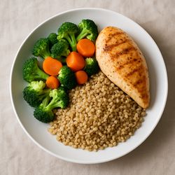 Egészséges ebéd tányéron: grillezett csirkemell, párolt brokkoli és répa, valamint főtt bulgur.