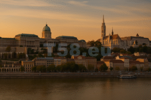 A Budai Vár látképe a Duna túlpartjáról, háttérben a Halászbástya és a Mátyás-templom tornyaival