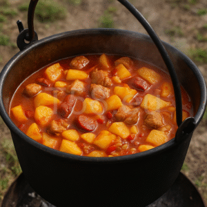 Pincepörkölt bográcsban rotyog, frissen főzve