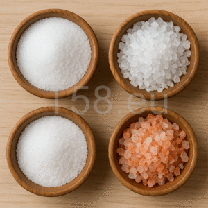 Négyféle sófajta fa tálkákban: finomított konyhasó, durva tengeri só, finomított tengeri só és Himalája só, világos fa háttéren.