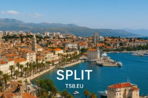 Split óvárosa és a Riva tengerparti sétány, háttérben az Adriai-tenger és a kikötő