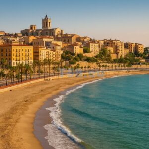 Tarragona látképe a Playa del Miracle strand felől nézve, háttérben a történelmi óváros és a katedrális, napsütéses tengerparti panorámával