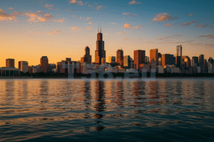 Chicago városának látképe naplementében, a Michigan-tó tükröződő vizével és a Willis Tower kiemelkedő sziluettjével a háttérben.
