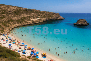 Fehér homokos strand Lampedusán, háttérben türkiz tenger és természetes sziklák