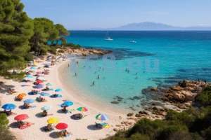 Korzika legismertebb strandja fehér homokkal, türkizkék vízzel és fenyőfákkal