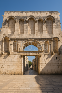 Diocletianus-palota Aranykapuja Splitben, római kori kőfalakkal