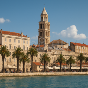 Split Diocletianus-palota tenger felőli látképe pálmafákkal