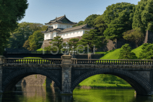 Tokiói Császári Palota külső őrtorony és a híres Nijūbashi híd, tavaszi napsütésben