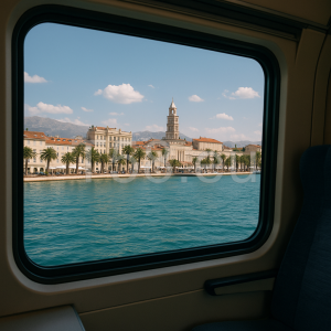 Fantázia kép, vonat ablakból Split látkép