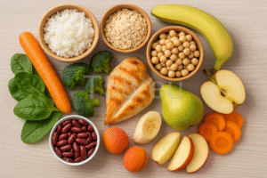 Egészséges ételek kavalkádja világos fa felületen: párolt rizs, zabpehely, grillezett csirkemell, brokkoli, alma, körte, sárgarépa és friss gyümölcsök.