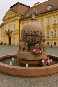 Székesfehérvári Országalma emlékmű virágdíszítéssel, háttérben a Városháza