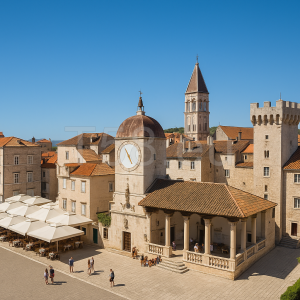 Trogir főtere az óratoronnyal és a Loggia épületével