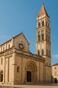 Trogir Szent Lőrinc-székesegyház főhomlokzata és harangtornya